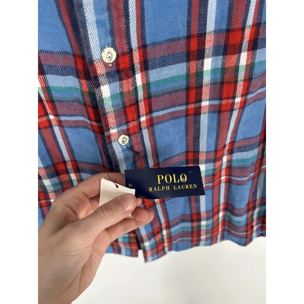 Polo Ralph Lauren Button Up Shirt Mens Small Blue Red Plaid Flannel‎ Two Pockets